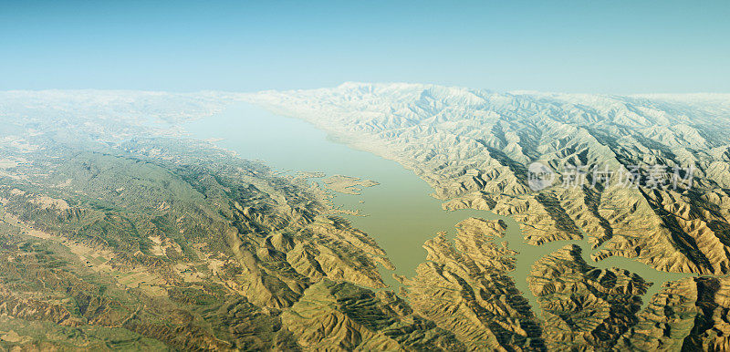 Lake Berryessa 3D渲染地形图地平线